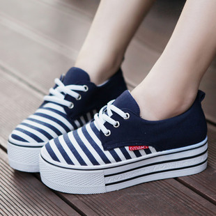  春季新款系带帆布鞋韩版厚底松糕鞋平底中跟高跟低帮休闲鞋女