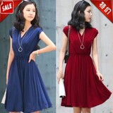 <span class=H>韩国</span><span class=H>SZ</span>正品2012真丝棉韩版淑女大摆V领短袖红色黑色中长款连衣裙