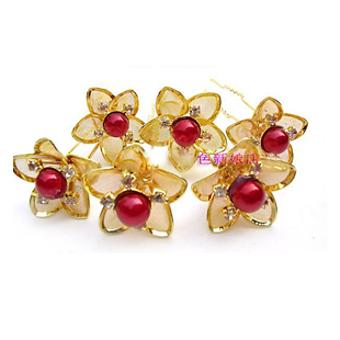  [千色新娘]红珠金莲花新娘发簪-新娘饰品头饰头花结婚首饰配饰