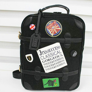  韩版船锚镶嵌精致 呢料复古徽章旅行包双肩包 男 女 背包 电脑包