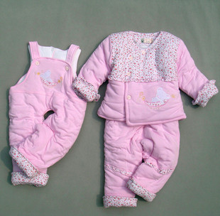  婴儿冬装幼儿秋装宝宝加厚背带棉裤三件套装男童女童棉衣新年包邮