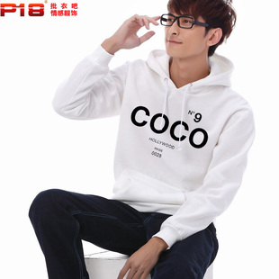  包邮新款韩版冬装男士白色COCO大码加绒加厚连帽套头卫衣外套