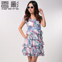 香影夏装2012新款正品印花蛋糕裙摆连衣裙