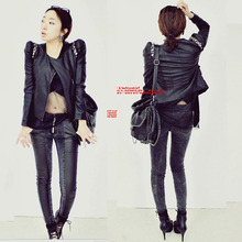 Ludia秋装新品2011<span class=H>韩国</span><span class=H>代购</span>女装正品修身耸肩机车皮衣女短款外套