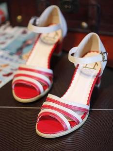  TOMO J46 穿着不累淑女鱼嘴百搭中跟双条纹拼色凉鞋