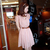 2012夏装热卖新款韩版OL甜美立领木耳边小飞袖雪纺连衣裙8806