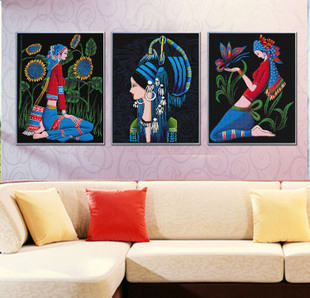 名门丽绣 纯棉十字绣 人物三联画 少数民族少女