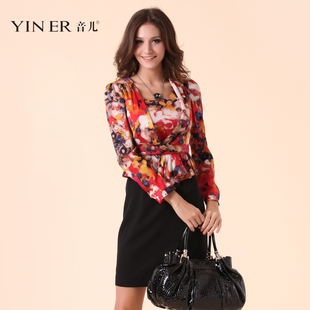 YINER音儿影儿 专柜正品2012春新红色荷叶腰长袖花连衣裙82105290