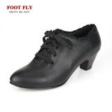 FOOT FLY特大码女单鞋40-43春新款大号真皮中跟系带粗跟尖头鞋316
