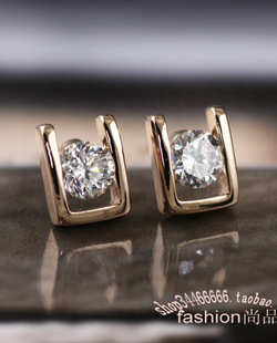  镀18K金 U型 简约时尚 气质仿真钻石 耳钉