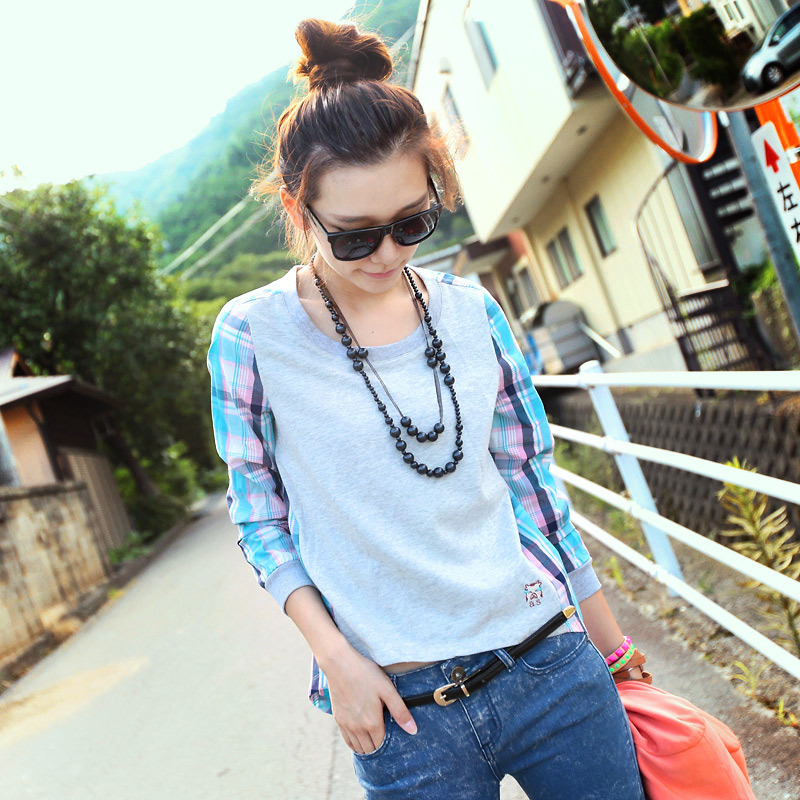 韩版学院格子袖拼接...
