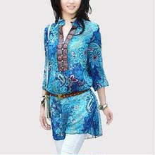 淘金币 冲冠2012新夏波西米亚碎花裙大码女装V领中袖修身中长雪纺
