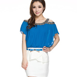 2012夏装新款 钉珠露双肩拼色 夏季女装雪纺连衣裙子