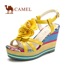 camel 骆驼全牛皮 时尚坡跟休闲女凉<span class=H>鞋</span> <span class=H>厚底</span>山茶花2012夏