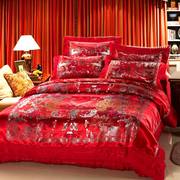 龙凤百子图婚庆用床品，大红色结婚四件套绸缎床单被套床上用品