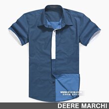 【5折】DEERE MARCHI细方格纯棉翻领男士短袖衬衫 DM22蓝
