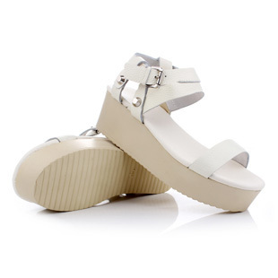  夏徐濠萦真皮厚底坡跟松糕鞋防水台中跟鱼嘴罗马凉鞋女鞋子