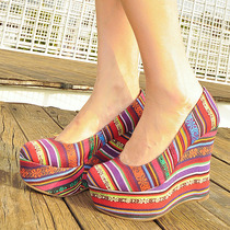 MAXAC波西米亚民族风布面单鞋厚底坡跟水台高跟鞋 个性特色女鞋子