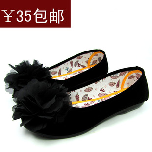  女士工装鞋女鞋黑色平跟老北京布鞋女新款花朵单鞋百搭工作鞋包邮
