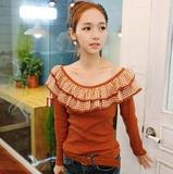 韩国代购进口时尚双层格子蕾丝花边性感圆领修身长袖T恤