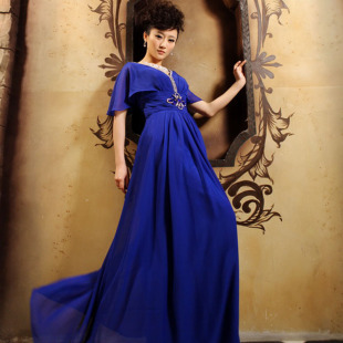 Qingguo deep v wedding dress wedding dresses Royal Blue shoulder MaxMara bride dress code LF1-1
