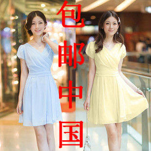 蓝色连衣裙雪纺裙短袖连衣裙夏季韩版连衣裙收腰女裙夏季<span class=H>淑女屋</span>