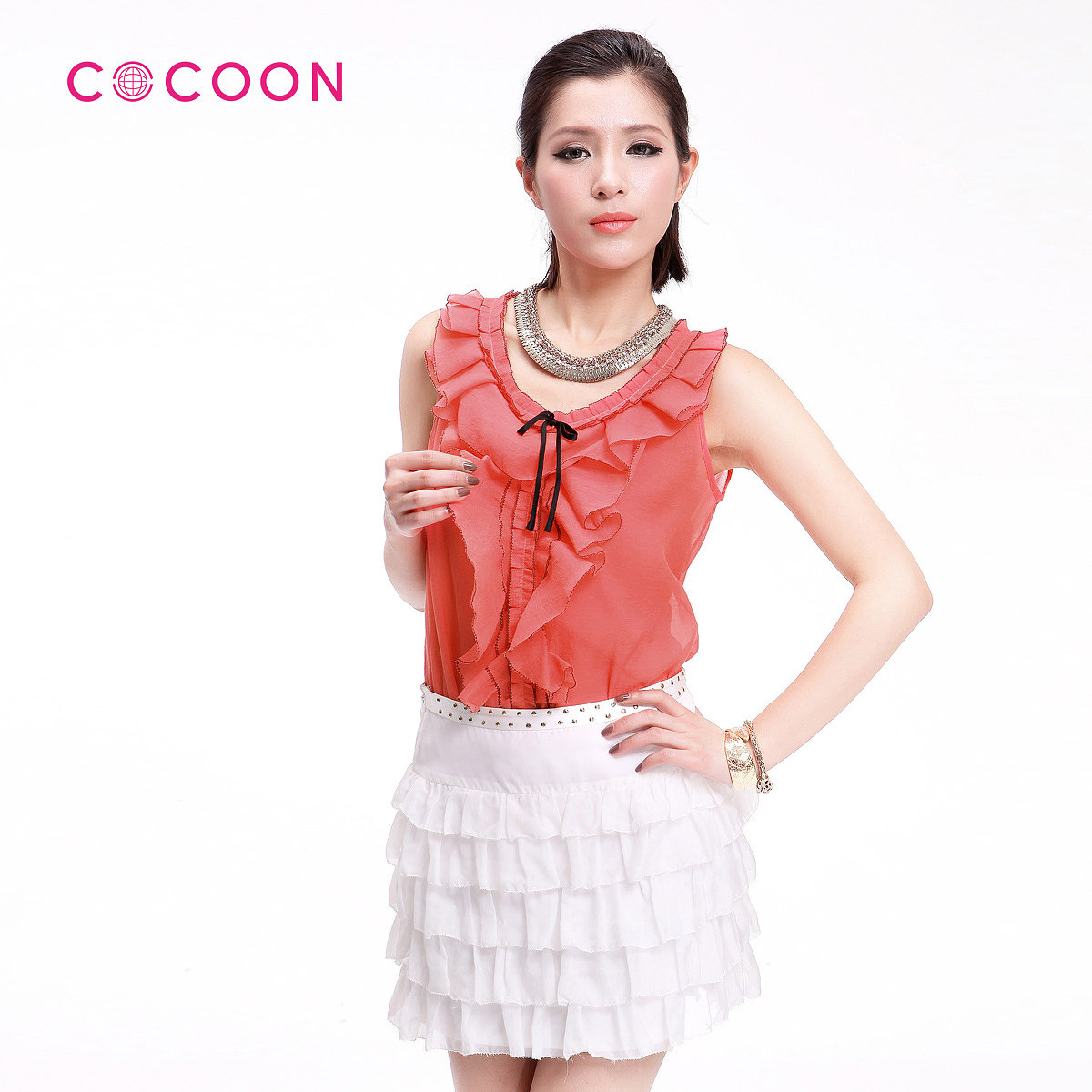 COCOON2012新品蝴蝶结荷叶边无袖上衣两件套212205019原价988
