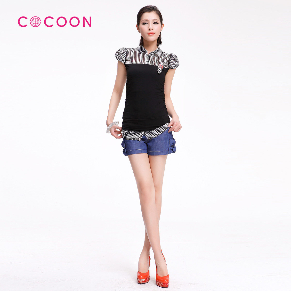 COCOON2012新品工整蝴蝶结清爽透气百搭三分牛仔<span class=H>短裤</span>212117003
