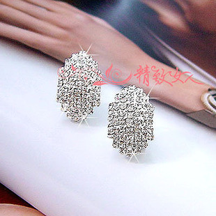  特价 闪 满钻橄榄形 水钻耳扣耳钉女 新娘结婚耳环 夸张韩国耳饰