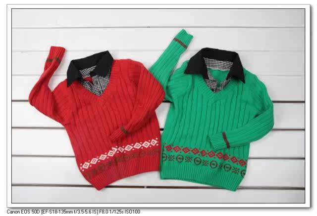 儿童毛衣,男童 假两件 衬衣领 双面织法 加厚 纯