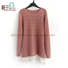 W-471-031春夏2012新韩版淑女长款修身长袖镂空蕾丝拼接针织衫