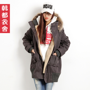  韩都衣舍 韩国冬装新款女装大码纯色加厚连帽棉衣DL0100喆