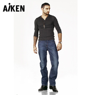  爱肯牛仔 合体加绒男款牛仔长裤 633207直筒男秋冬新品