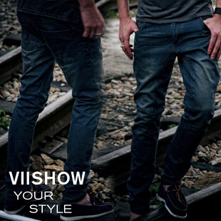  viishow潮牌牛仔裤蓝色男款个性休闲水洗牛仔裤男士直筒牛仔裤