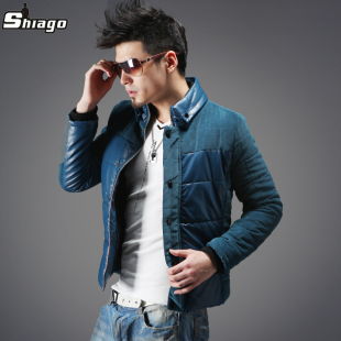  shiago秋冬新品修身潮PU皮拼接男士棉衣男装棉服韩版加厚休闲外套