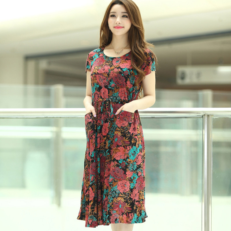 2015中老年夏装女短袖连衣裙长裙 气质妈妈夏装棉绸连衣裙花裙子