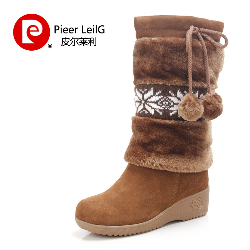皮尔莱利冬季新品牛皮坡跟保暖雪地靴 真皮高筒靴 加厚休闲女靴子