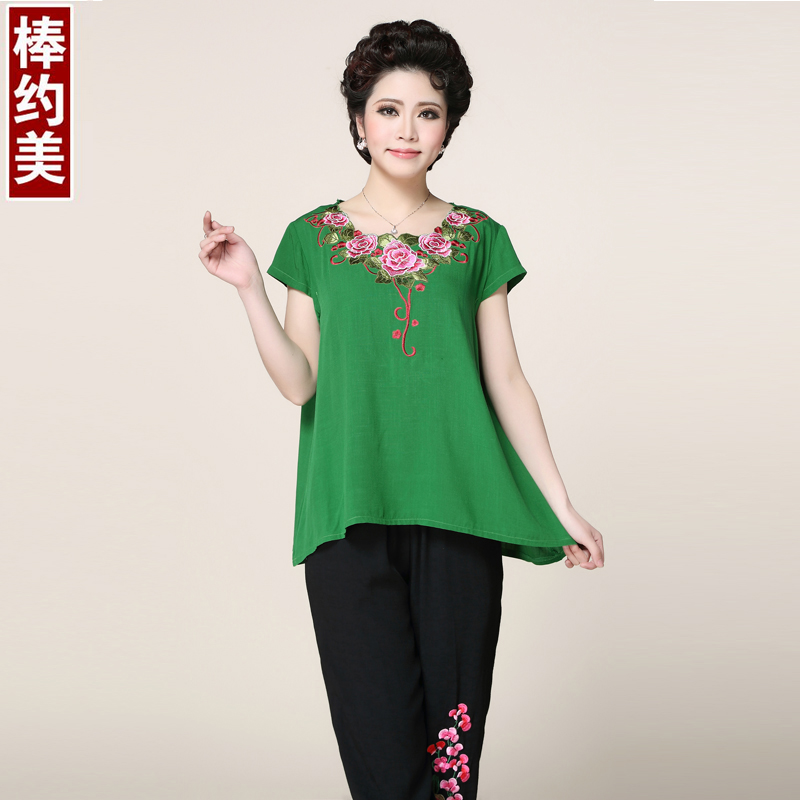 棒约美夏季新款中老年女装绣花夏装套装民族风