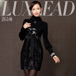  luxlead洛诗琳 冬装新品韩版钉珠亮片提花高领修身长袖连衣裙