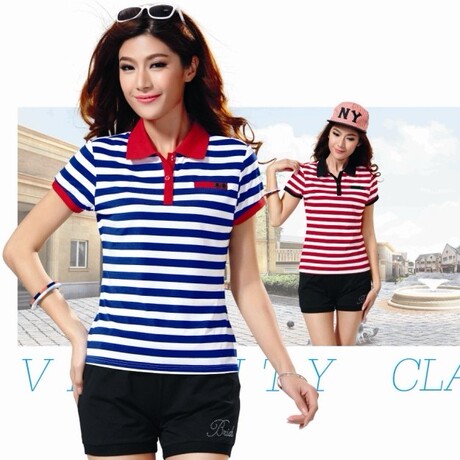 2014夏季女士休闲T恤插色条纹衬衫带领时尚休