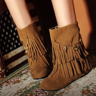  爆款时尚流苏靴短靴磨砂皮内增高女靴链子春秋新款平跟平底靴