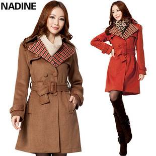  Nadine 秋冬新款 大码韩版千鸟格撞色翻领羊毛呢大衣外套 女