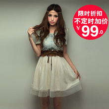 600%好评!2012夏季新款女装大码欧美复古风牛仔网纱拼接连衣裙子
