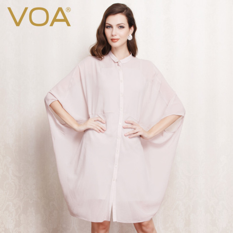 VOA 肉粉色小娃娃领蝙蝠袖斗篷式透视轻薄真丝连衣裙女A0235商品大图
