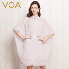 VOA 肉粉色小娃娃领蝙蝠袖斗篷式透视轻薄真丝连衣裙女A0235图片
