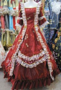 酒红色拍照服装 欧式女装 蕾丝复古礼服 演出宫