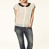 ZARA  短袖衬衫 娃娃领 雪纺短袖衬衣女
