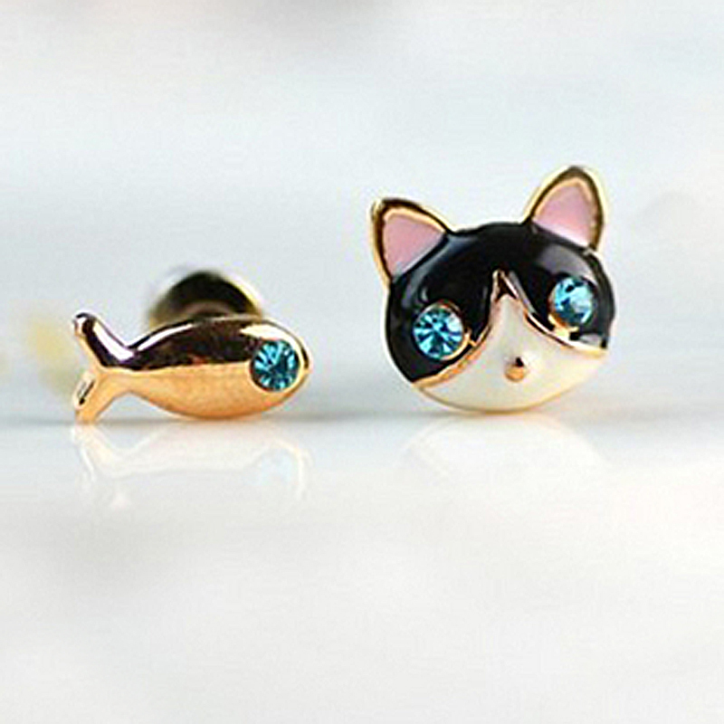 可爱小猫小鱼蓝钻耳钉...