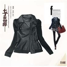 2012春秋新款日本外贸<span class=H>原单</span>女大码<span class=H>机车</span>皮衣韩版修身PU牛仔拼接外套