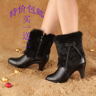 香港红蜻蜓女棉鞋真皮高跟马丁靴防水台细跟短